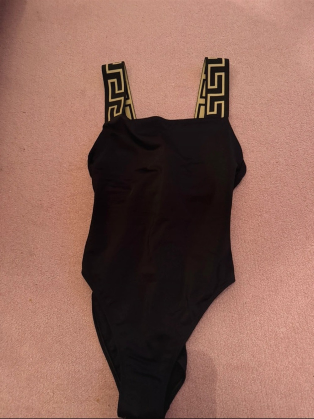 Versace Black Swimsuit with Gold Greek Key Straps